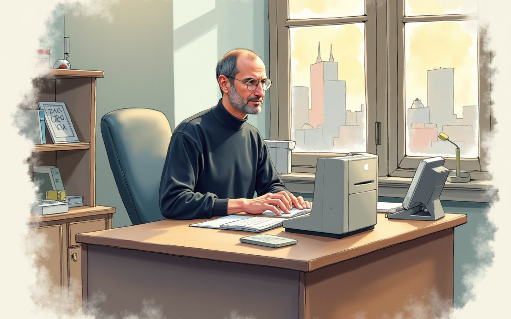 Steve Jobs seated at a desk with an early Apple computer, representing Apple's founding period