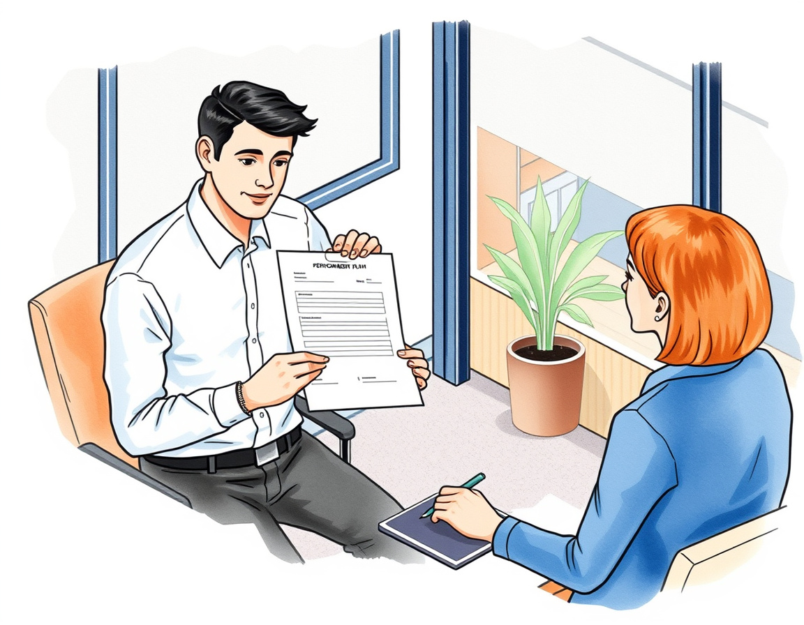 Employee receiving PIP document in meeting with manager