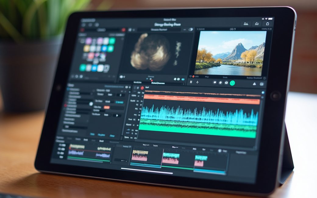 iPad Pro displaying video editing or audio production software on its display