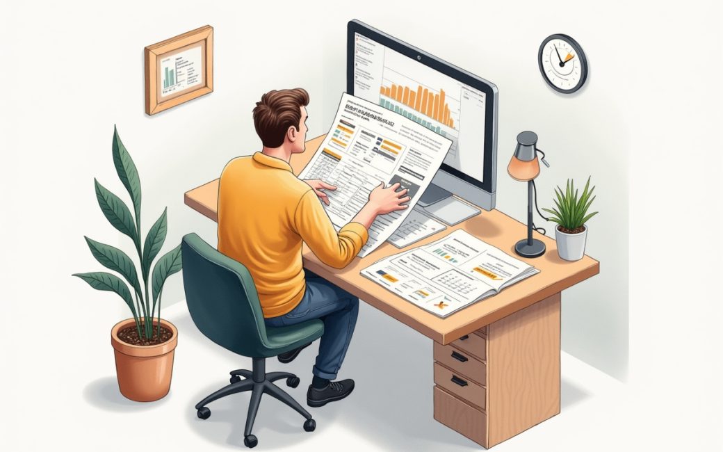 Founder reviewing business documents and financial data at their workspace