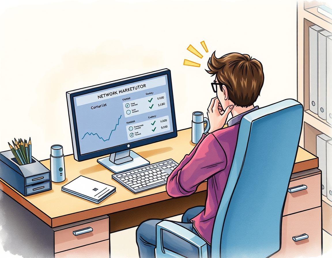 A frustrated distributor at a desk with no new prospects, representing depleted warm contacts.