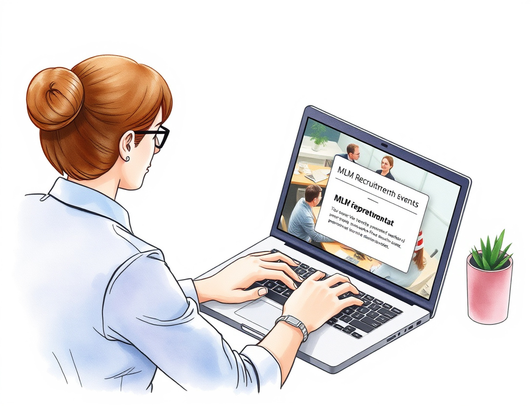 A professional searching for career networking while dismissing an MLM opportunity popup.